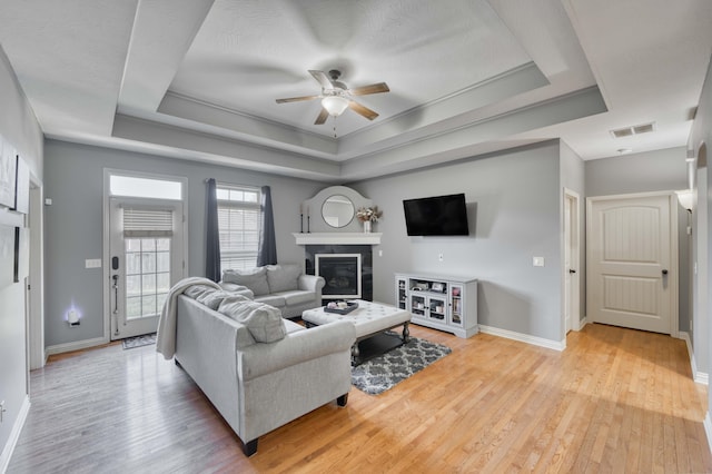 3192 W Melbourne St, Springfield, MO 65810 - living area featuring a tray ceiling, a ceiling fan, light wood-style flooring, and a glass covered fireplace