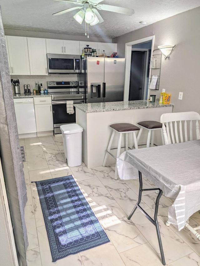 204 E College St, Walnut Grove, MO 65770 - kitchen with stainless steel appliances, light marble finish floors, a ceiling fan, white cabinetry, and a textured ceiling