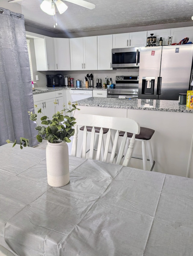 204 E College St, Walnut Grove, MO 65770 - kitchen featuring stainless steel appliances, white cabinetry, light stone counters, a ceiling fan, and a breakfast bar
