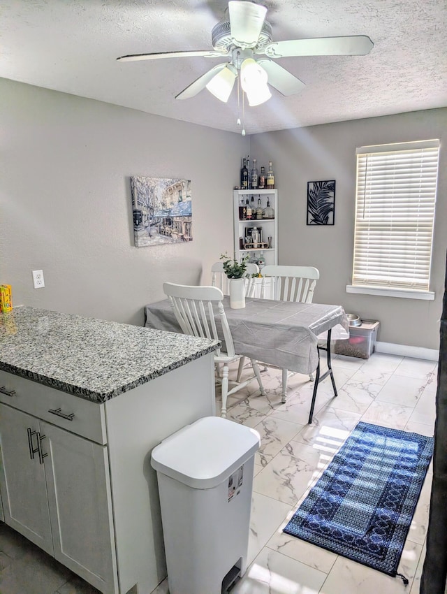 204 E College St, Walnut Grove, MO 65770 - dining area with light marble finish floors, ceiling fan, and a textured ceiling