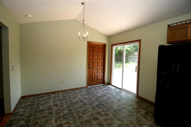 360 Banning St, Marshfield, MO 65706 - unfurnished dining area with stone finish floors, lofted ceiling, a chandelier, and baseboards