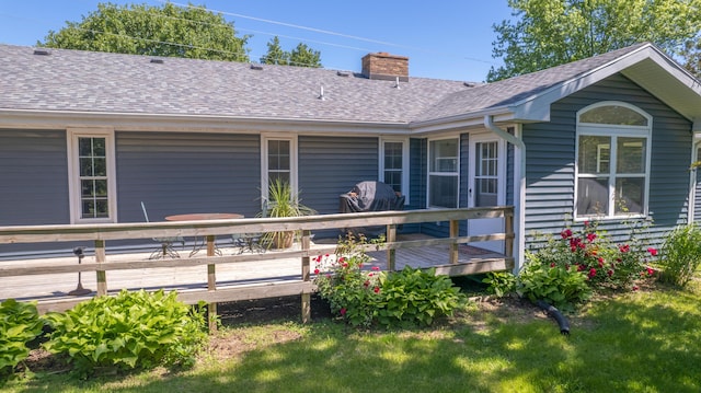 4095 Bell Springs Rd, Marshfield, MO 65706 - back of house featuring a wooden deck, a chimney, and a shingled roof
