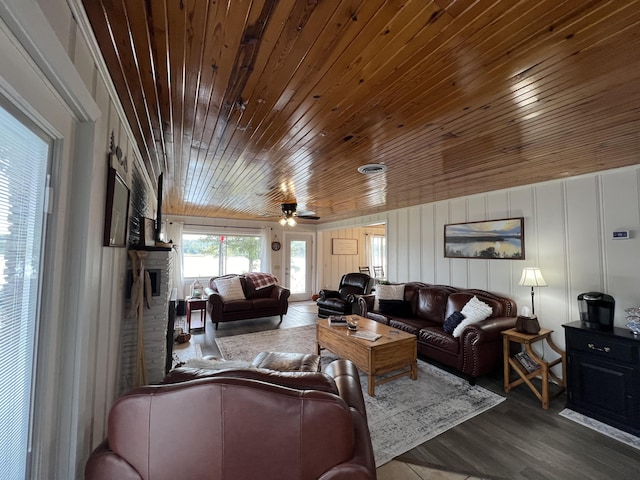 21937 Lake Rd Unit M12, Cassville, MO 65625 - living room featuring wooden ceiling, dark wood finished floors, and a ceiling fan