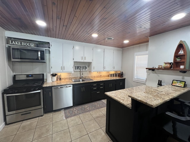 21937 Lake Rd Unit M12, Cassville, MO 65625 - kitchen with appliances with stainless steel finishes, a sink, white cabinets, wood ceiling, and light tile patterned floors