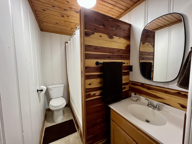 21937 Lake Rd Unit M12, Cassville, MO 65625 - full bathroom with wooden ceiling, toilet, vanity, a shower with shower curtain, and wood walls
