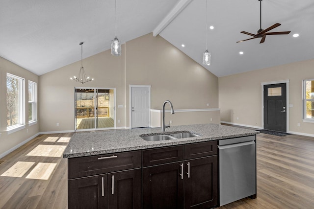 1186 Emory Creek Blvd, Branson, MO 65616 - kitchen with dishwasher, open floor plan, a sink, high vaulted ceiling, and light wood finished floors