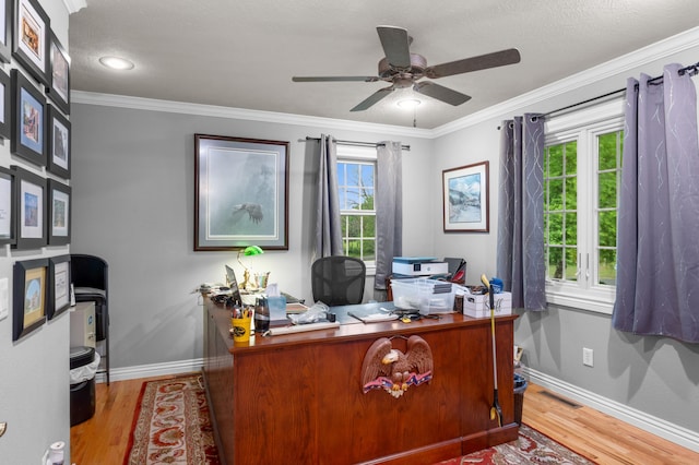 4266 S 94th Rd, Bolivar, MO 65613 - office with wood finished floors, a ceiling fan, baseboards, and crown molding