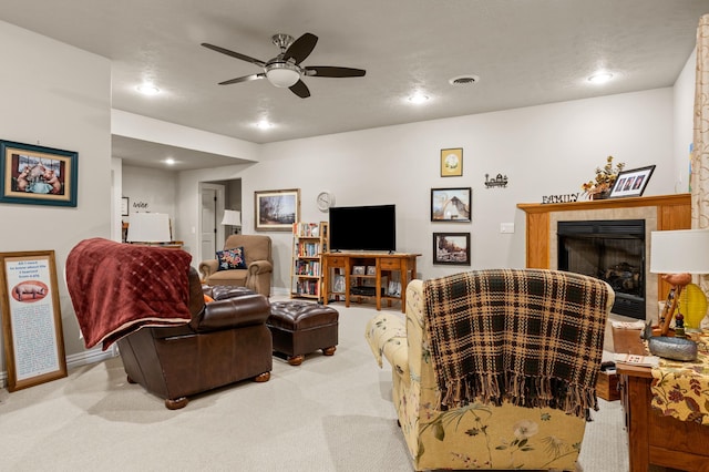 4266 S 94th Rd, Bolivar, MO 65613 - living area featuring recessed lighting, carpet flooring, ceiling fan, and a fireplace