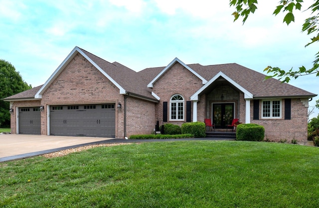 4266 S 94th Rd, Bolivar, MO 65613 - view of front of home with brick siding, french doors, an attached garage, and a front yard