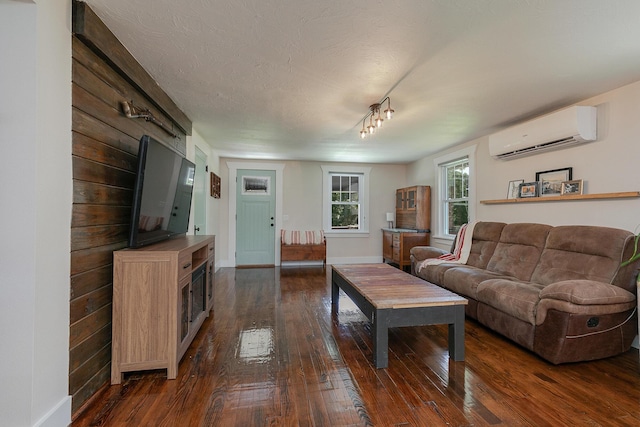 439 Union Chapel Rd, Fordland, MO 65652 - living area featuring a wall mounted AC, dark wood-style floors, baseboards, and a textured ceiling