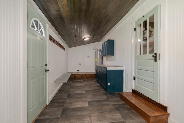 439 Union Chapel Rd, Fordland, MO 65652 - mudroom with wooden ceiling, water heater, lofted ceiling, and baseboards