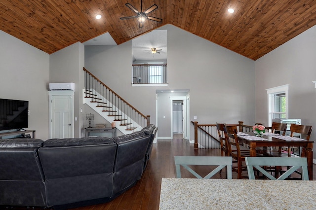 5116 S 165th Rd, Bolivar, MO 65613 - living room featuring ceiling fan, high vaulted ceiling, dark wood-type flooring, a wall mounted air conditioner, and wooden ceiling