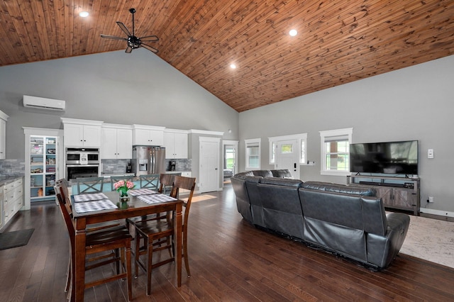 5116 S 165th Rd, Bolivar, MO 65613 - dining space featuring high vaulted ceiling, a ceiling fan, an AC wall unit, dark wood-style flooring, and wood ceiling