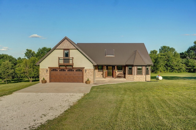 5116 S 165th Rd, Bolivar, MO 65613 - view of front of home featuring concrete driveway, a front lawn, metal roof, stone siding, and a porch