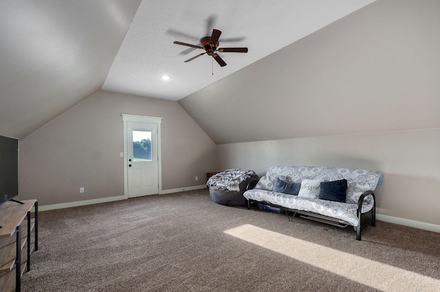 5116 S 165th Rd, Bolivar, MO 65613 - living area featuring vaulted ceiling, carpet flooring, a ceiling fan, and baseboards