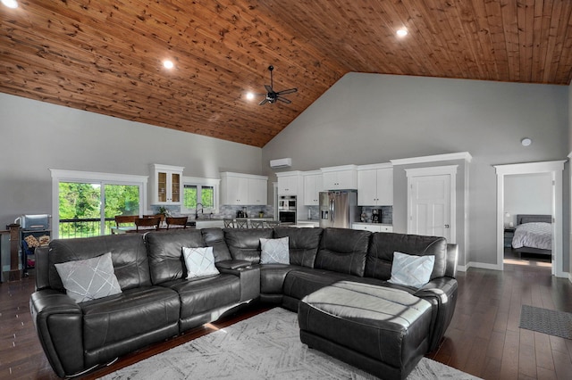 5116 S 165th Rd, Bolivar, MO 65613 - living room featuring high vaulted ceiling, a ceiling fan, dark wood-style flooring, wood ceiling, and recessed lighting