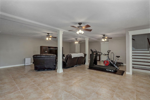 5116 S 165th Rd, Bolivar, MO 65613 - exercise room featuring a ceiling fan, light tile patterned floors, baseboards, and decorative columns