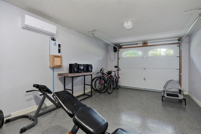 5116 S 165th Rd, Bolivar, MO 65613 - workout room featuring a wall mounted AC, a garage, baseboards, and a textured ceiling