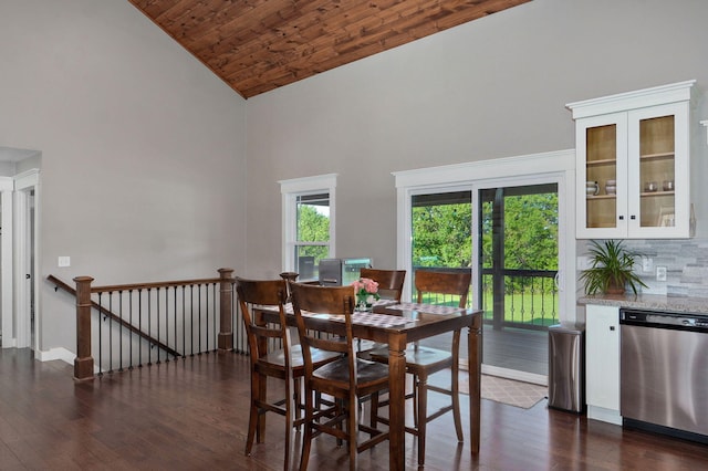 5116 S 165th Rd, Bolivar, MO 65613 - dining space featuring high vaulted ceiling, dark wood-style flooring, and wood ceiling