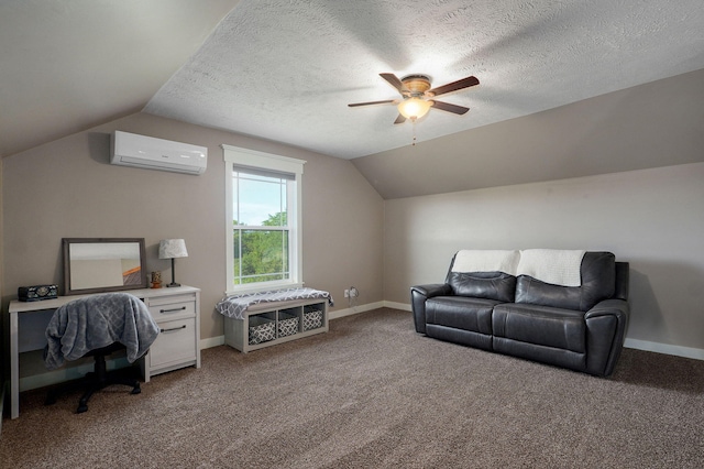 5116 S 165th Rd, Bolivar, MO 65613 - interior space featuring a wall mounted air conditioner, lofted ceiling, carpet, ceiling fan, and baseboards