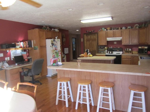 32880 Normal Dr, Eldridge, MO 65463 - kitchen with electric stove, freestanding refrigerator, under cabinet range hood, light countertops, and stainless steel microwave