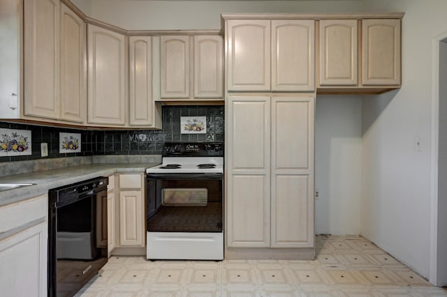 17381 Imperial Rd, Carthage, MO 64836 - kitchen with electric stove, black dishwasher, light brown cabinets, light floors, and tasteful backsplash