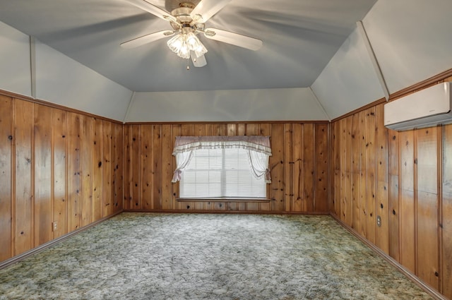 17381 Imperial Rd, Carthage, MO 64836 - additional living space with lofted ceiling, a wall mounted air conditioner, wooden walls, ceiling fan, and carpet flooring