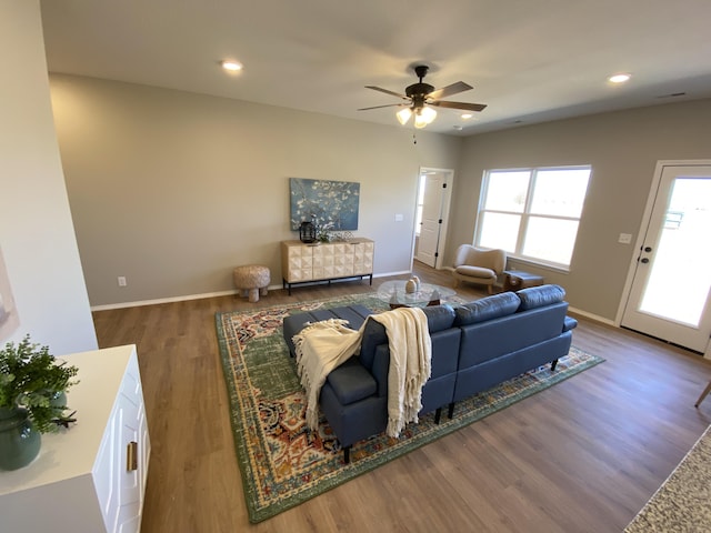 1221 Charlene Dr, Bolivar, MO 65613 - living room with wood finished floors, ceiling fan, baseboards, and recessed lighting
