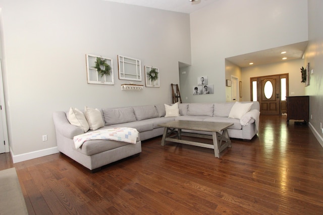 2362 Hazelwood Rd, Seymour, MO 65746 - living room featuring wood-type flooring, a towering ceiling, and baseboards