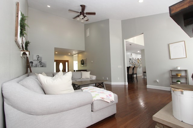 2362 Hazelwood Rd, Seymour, MO 65746 - living area with high vaulted ceiling, ceiling fan, dark wood-style floors, baseboards, and recessed lighting