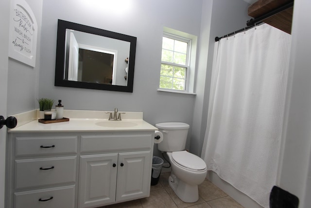 2362 Hazelwood Rd, Seymour, MO 65746 - bathroom with vanity, toilet, tile patterned flooring, and a shower with shower curtain