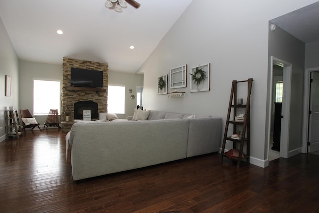 2362 Hazelwood Rd, Seymour, MO 65746 - living area featuring plenty of natural light, wood finished floors, ceiling fan, recessed lighting, and a stone fireplace