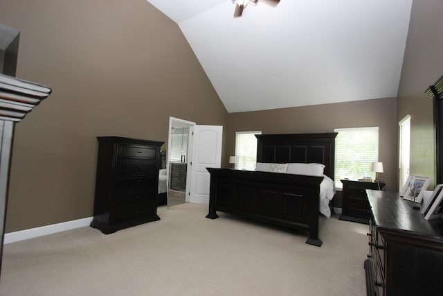 2362 Hazelwood Rd, Seymour, MO 65746 - bedroom with light colored carpet, high vaulted ceiling, ceiling fan, and baseboards