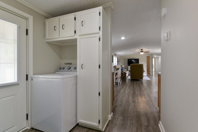 269 Moore Ln, Blue Eye, MO 65611 - washroom with washer / dryer, cabinet space, ceiling fan, wood finished floors, and baseboards