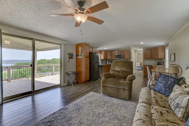 269 Moore Ln, Blue Eye, MO 65611 - living room featuring wood finished floors, ceiling fan, a textured ceiling, lofted ceiling, and crown molding