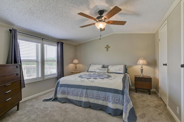 269 Moore Ln, Blue Eye, MO 65611 - bedroom featuring lofted ceiling, crown molding, light carpet, a textured ceiling, and ceiling fan