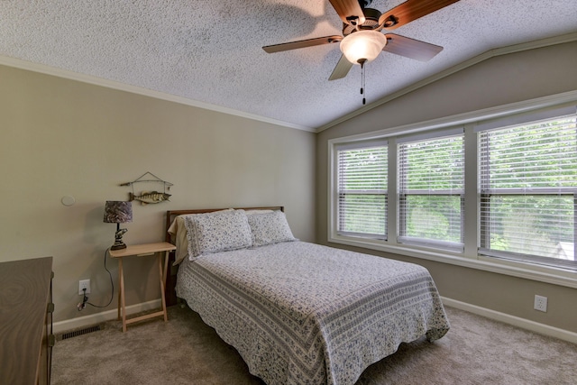 269 Moore Ln, Blue Eye, MO 65611 - carpeted bedroom featuring vaulted ceiling, a textured ceiling, baseboards, ceiling fan, and ornamental molding