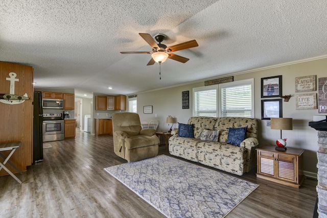 269 Moore Ln, Blue Eye, MO 65611 - living room featuring ceiling fan, dark wood-style floors, ornamental molding, a textured ceiling, and lofted ceiling