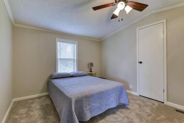 269 Moore Ln, Blue Eye, MO 65611 - bedroom with light carpet, a textured ceiling, baseboards, crown molding, and ceiling fan