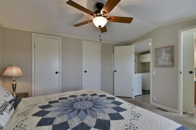 269 Moore Ln, Blue Eye, MO 65611 - bedroom featuring a textured ceiling, carpet floors, washer / dryer, a closet, and crown molding