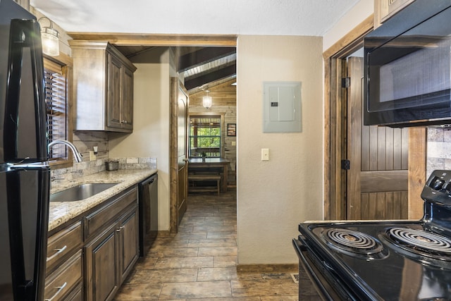 26 Cave Ln Unit 10, Indian Point, MO 65616 - kitchen with black appliances, electric panel, a sink, dark brown cabinetry, and light stone counters