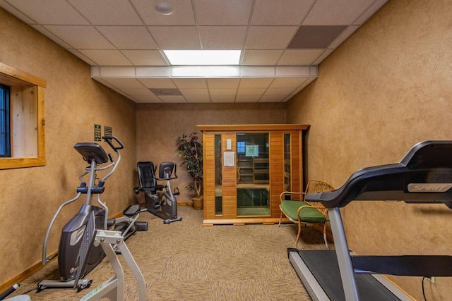24 Village Trl Unit 13-2, Branson, MO 65616 - exercise room with carpet flooring, a paneled ceiling, and a textured wall