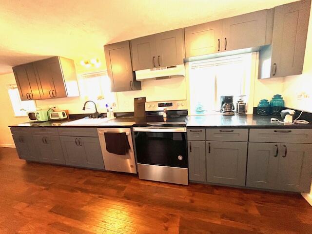 530 Taneycomo Hill Dr, Hollister, MO 65672 - kitchen with electric range, under cabinet range hood, dishwashing machine, and gray cabinetry