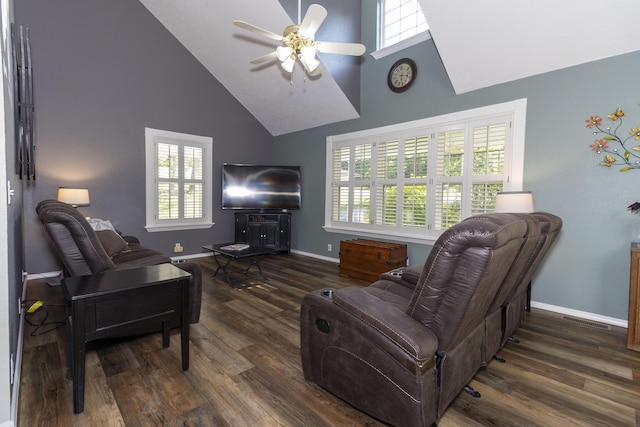 150 Licaria Rd, Ozark, MO 65721 - living area featuring high vaulted ceiling, wood finished floors, and a ceiling fan