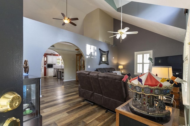 150 Licaria Rd, Ozark, MO 65721 - living area with ceiling fan, arched walkways, wood finished floors, healthy amount of natural light, and high vaulted ceiling