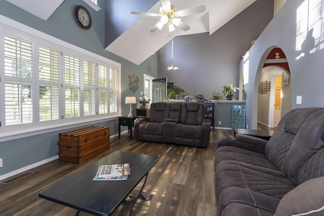 150 Licaria Rd, Ozark, MO 65721 - living room with high vaulted ceiling, a ceiling fan, wood finished floors, and arched walkways