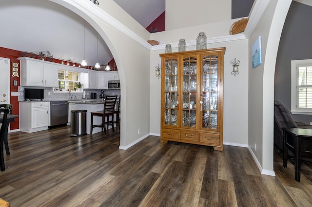150 Licaria Rd, Ozark, MO 65721 - dining area featuring arched walkways, plenty of natural light, dark wood-style flooring, and high vaulted ceiling