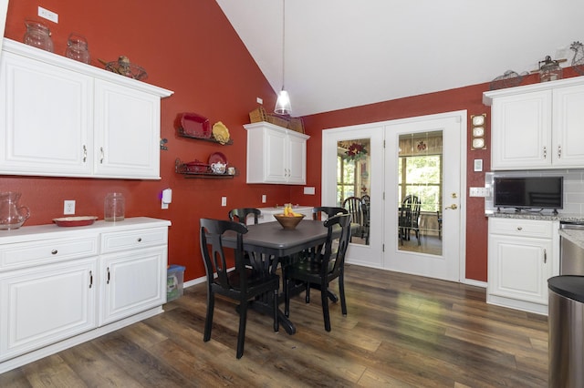150 Licaria Rd, Ozark, MO 65721 - dining room featuring dark wood-style floors, high vaulted ceiling, and french doors