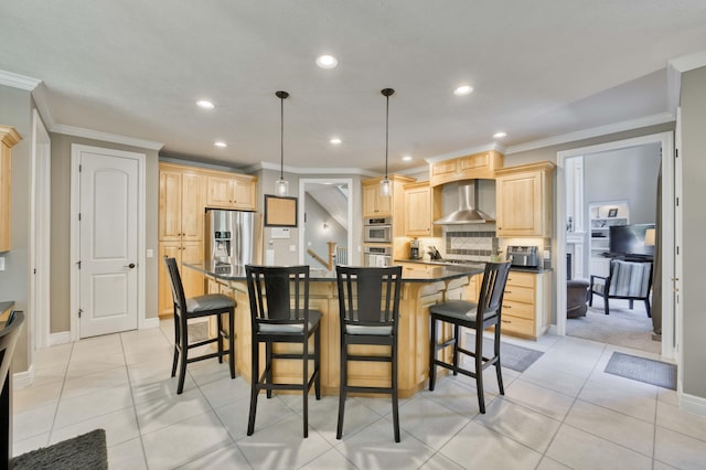 3262 S Thornridge Dr, Springfield, MO 65809 - kitchen featuring light brown cabinets, stainless steel fridge with ice dispenser, wall chimney exhaust hood, recessed lighting, and dark countertops