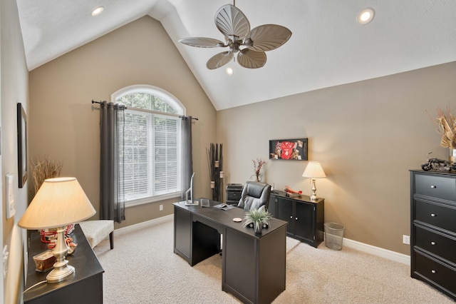 3262 S Thornridge Dr, Springfield, MO 65809 - office featuring a ceiling fan, lofted ceiling, light carpet, baseboards, and recessed lighting